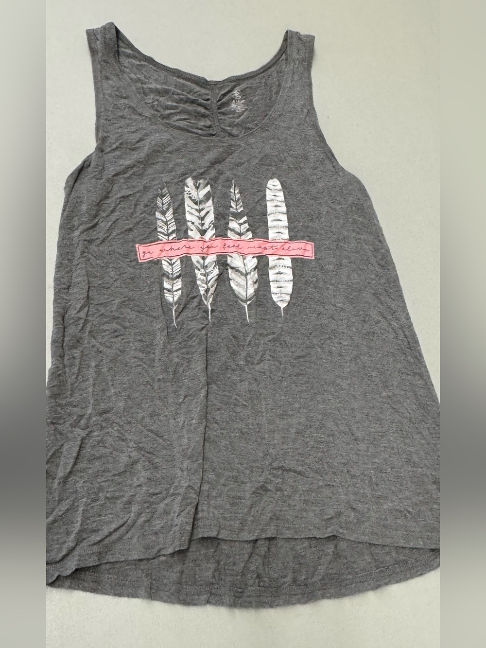 GAIAM Grey Tank Top with White Feather Graphic and Pink Banner